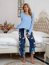 Round Neck Top and Printed Pants Lounge Set Blue Loungewear Sets - Tophatter Daily Deals