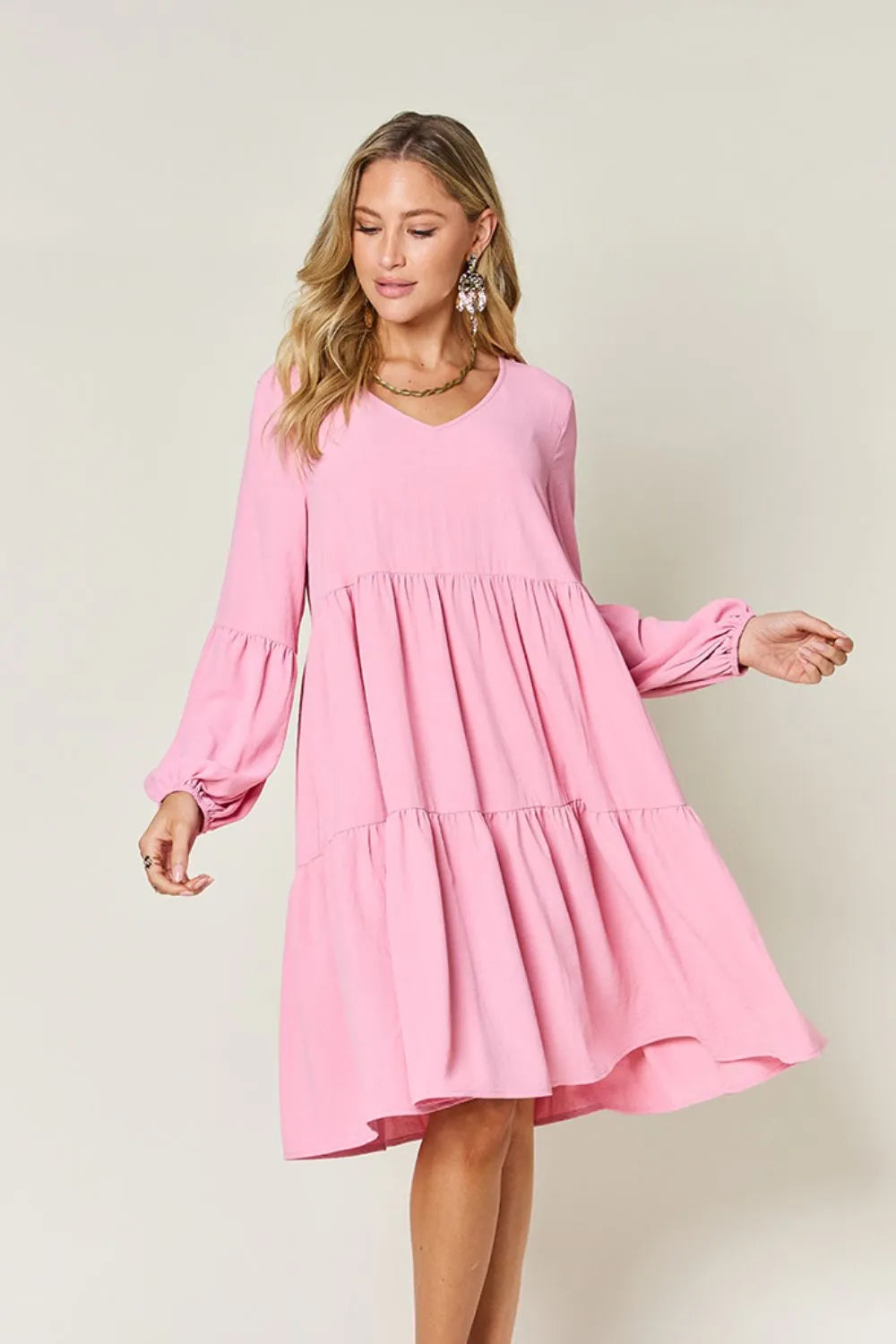 Double Take Full Size V-Neck Balloon Sleeve Tiered Dress Casual Dresses - Tophatter Daily Deals