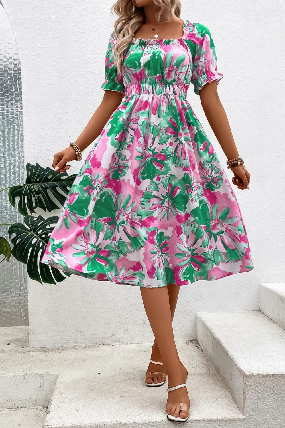 Floral Frill Trim Square Neck Dress Green Pink Casual Dresses - Tophatter Daily Deals