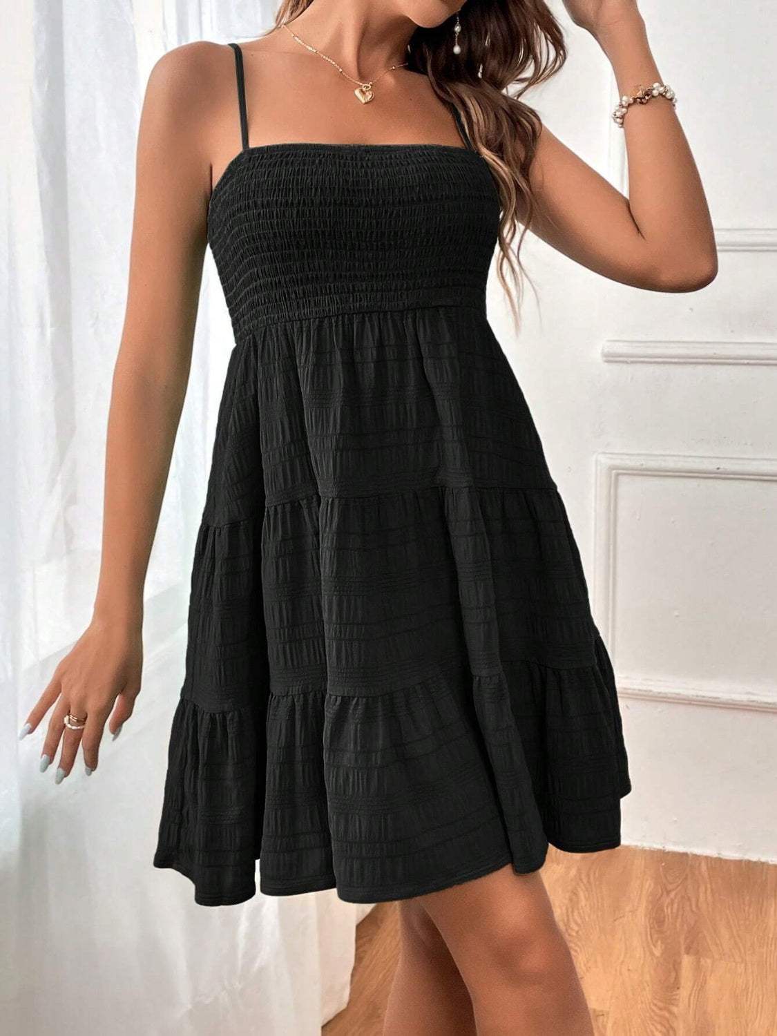 Smocked Tiered Sleeveless Mini Dress Casual Dresses - Tophatter Daily Deals