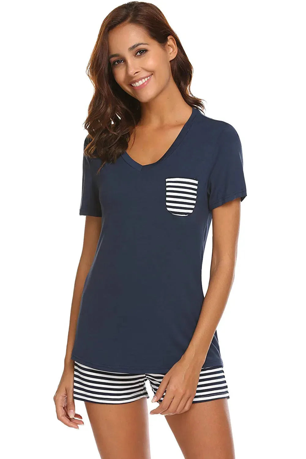 Striped Short Sleeve Top and Shorts Lounge Set Loungewear Sets - Tophatter Daily Deals