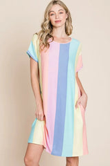BOMBOM Striped Short Sleeve Dress with Pockets Casual Dresses - Tophatter Daily Deals