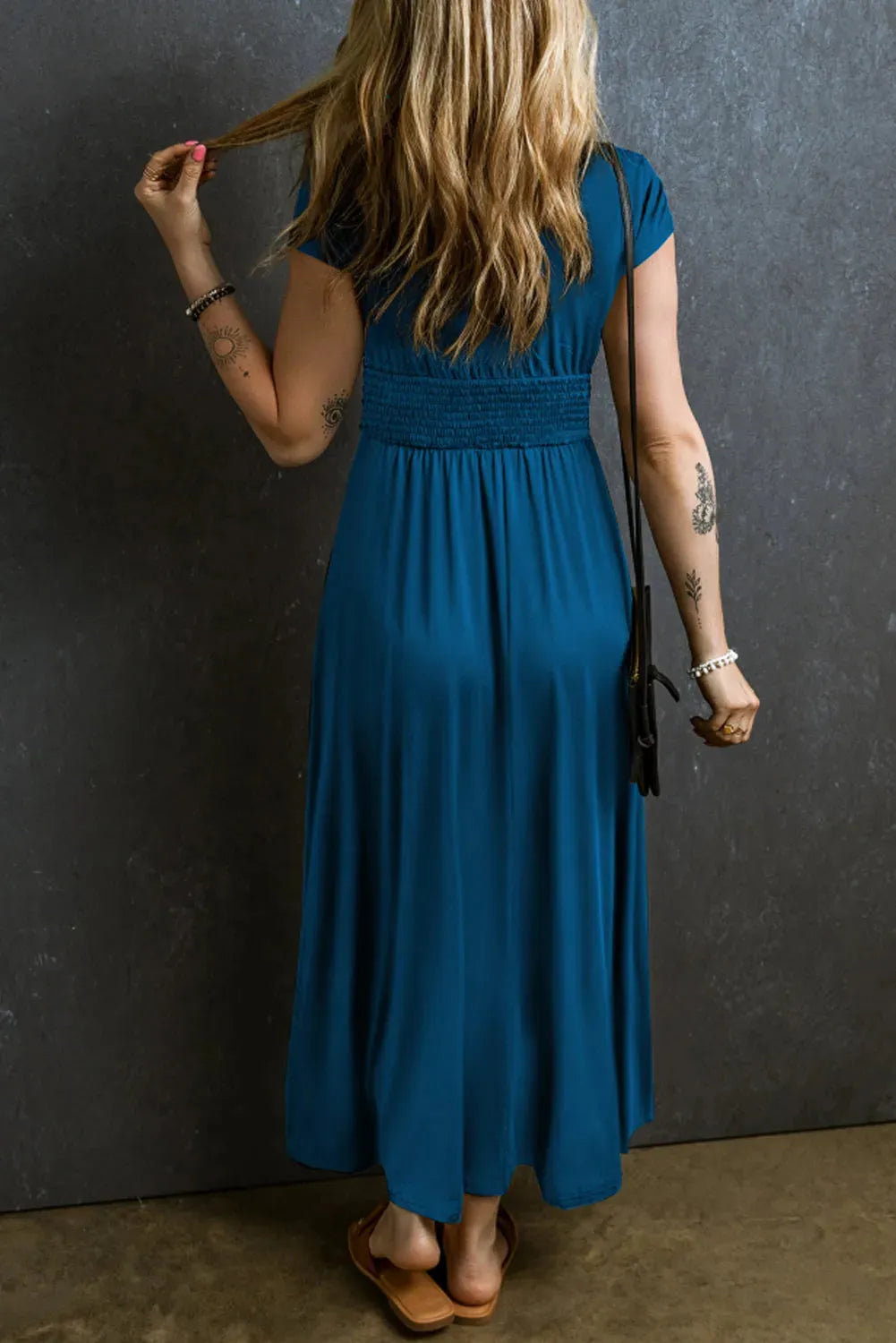 Smocked V-Neck Cap Sleeve Dress Casual Dresses - Tophatter Daily Deals
