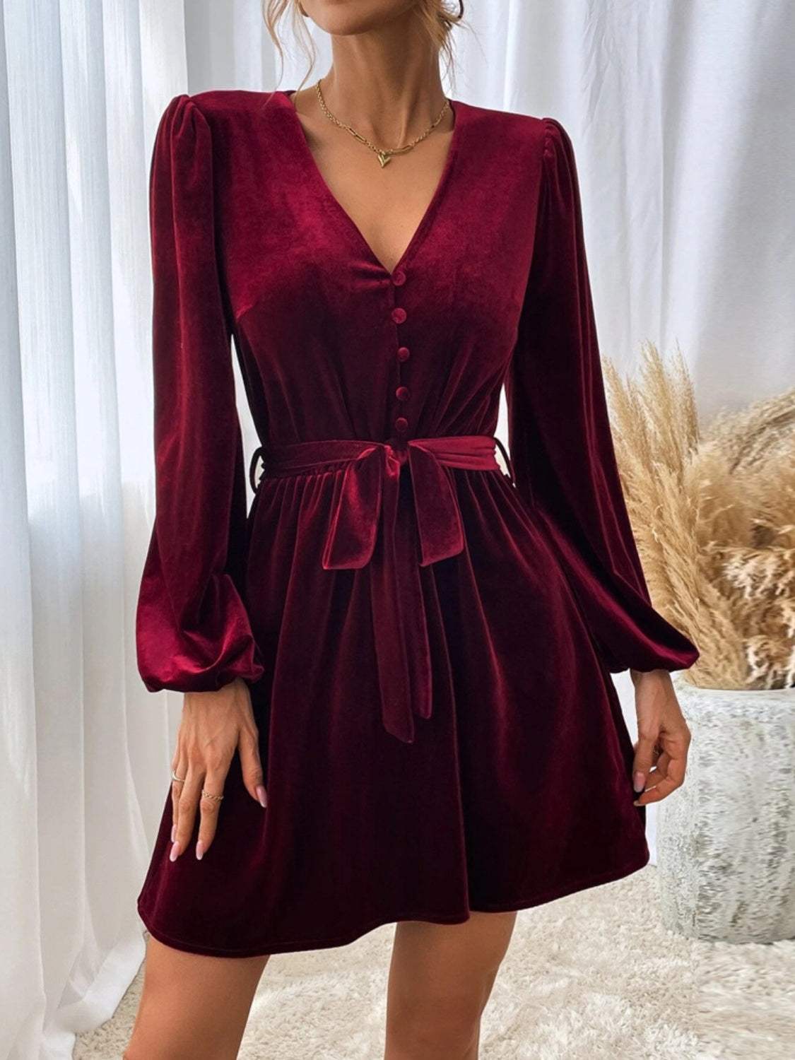 V-Neck Tie Waist Mini Dress Wine Cocktail Dresses - Tophatter Daily Deals