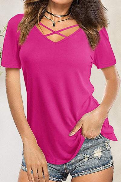 Crisscross Short Sleeve T-Shirt Cerise Women's T-Shirts - Tophatter Daily Deals