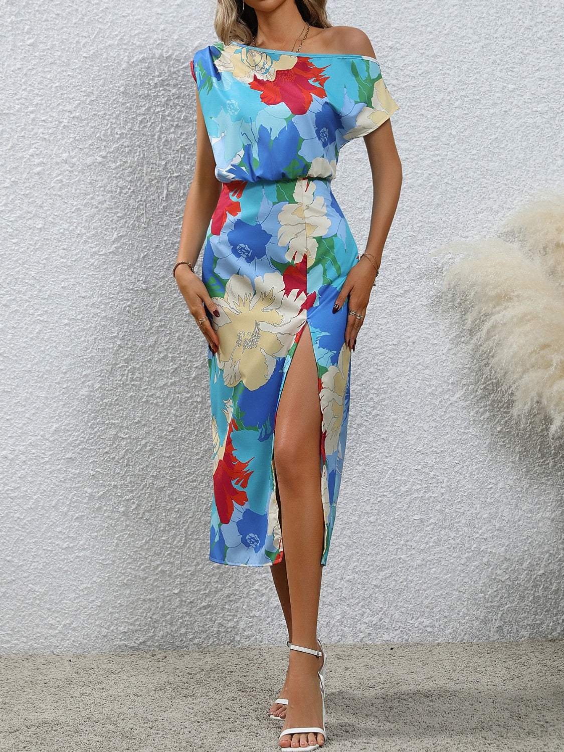 Slit Printed Single Shoulder Dress Casual Dresses - Tophatter Daily Deals