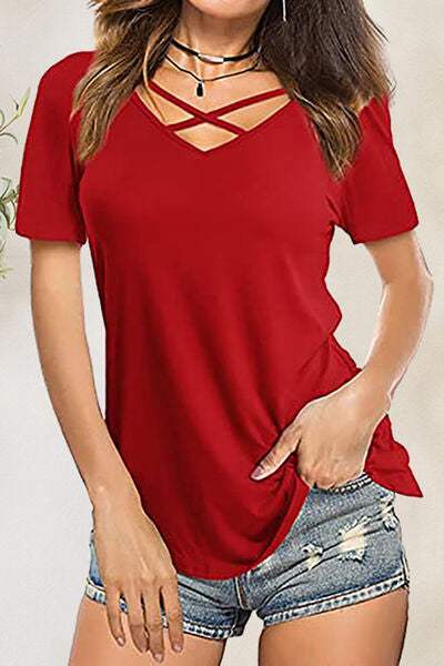 Crisscross Short Sleeve T-Shirt Deep Red Women's T-Shirts - Tophatter Daily Deals