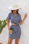 Cutout Striped Round Neck Short Sleeve Dress Royal Blue Casual Dresses - Tophatter Daily Deals