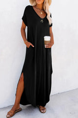 Slit Round Neck Short Sleeve Maxi Dress Black Casual Dresses - Tophatter Daily Deals