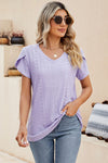 Eyelet V-Neck Petal Sleeve T-Shirt Lavender Women's T-Shirts - Tophatter Daily Deals