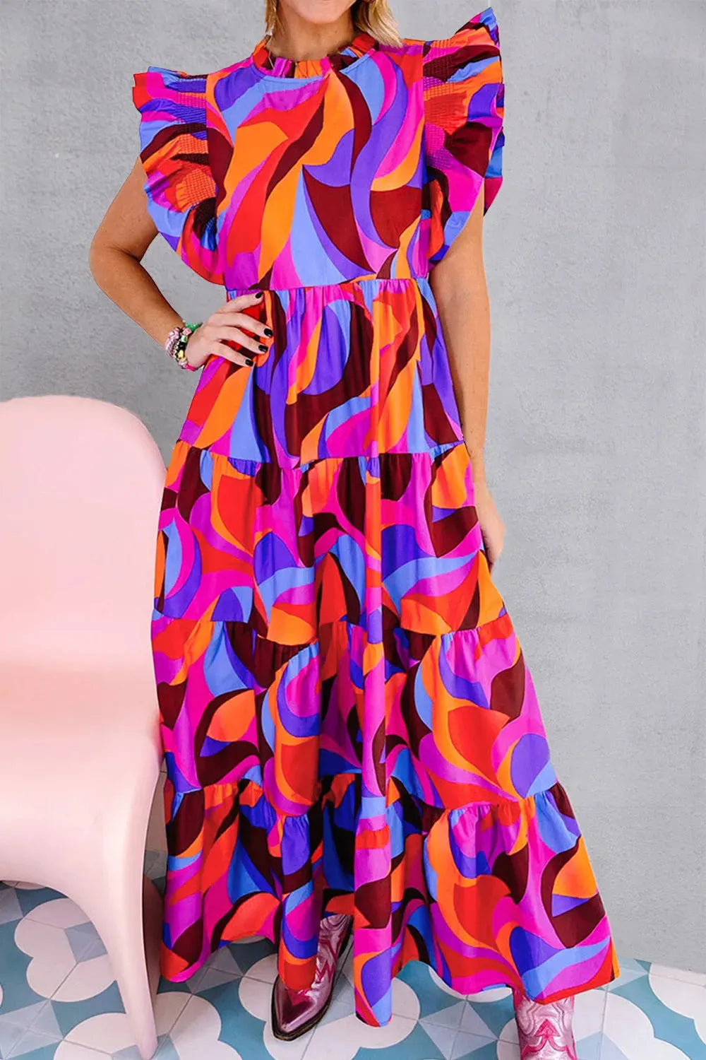 Printed Ruffled Mock Neck Tiered Dress Casual Dresses - Tophatter Daily Deals