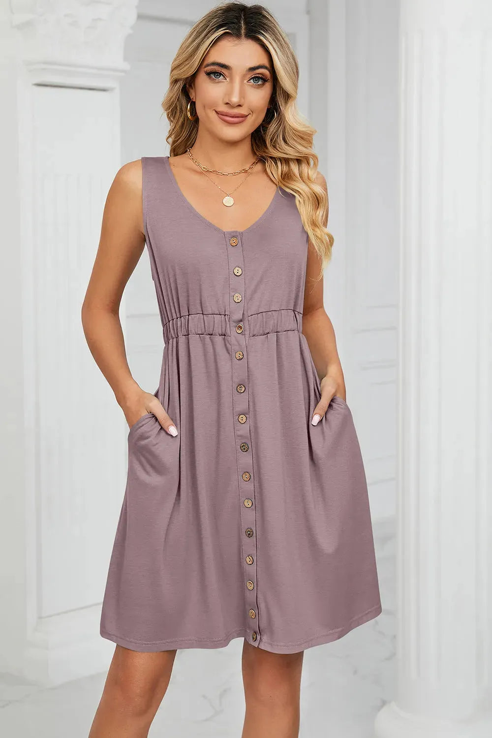 Buttoned Wide Strap Mini Dress Casual Dresses - Tophatter Daily Deals