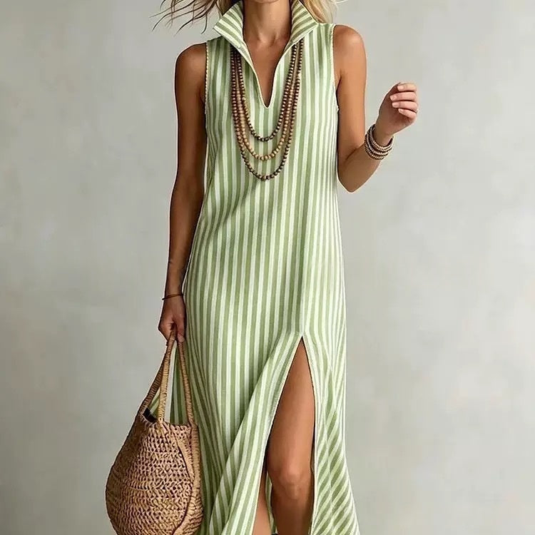 Striped Stand Collar Side-Slit Sleeveless Maxi Dress – A-Line Cami Fluorescent Green Women's Dresses - Tophatter Daily Deals