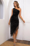 Sequin Asymmetrical Fringe Hem One-Shoulder Dress Black Cocktail Dresses - Tophatter Daily Deals