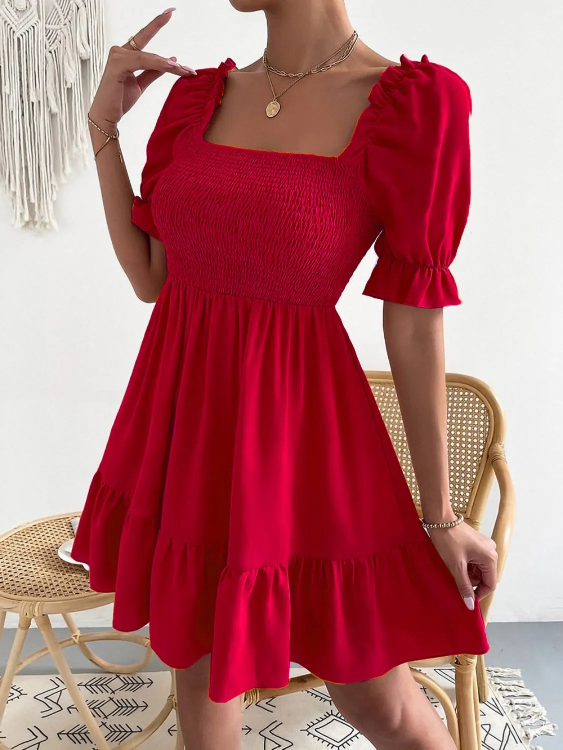 Smocked Square Neck Short Sleeve Dress Casual Dresses - Tophatter Daily Deals