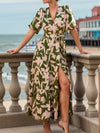 Tied Slit Printed Half Sleeve Midi Dress Green Casual Dresses - Tophatter Daily Deals