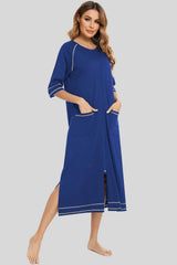 Zip Up Slit Round Neck Night Dress with Pockets Sleep Dresses - Tophatter Daily Deals