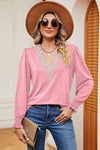 Lace Detail V-Neck Lantern Sleeve T-Shirt Carnation Pink Women's T-Shirts - Tophatter Daily Deals