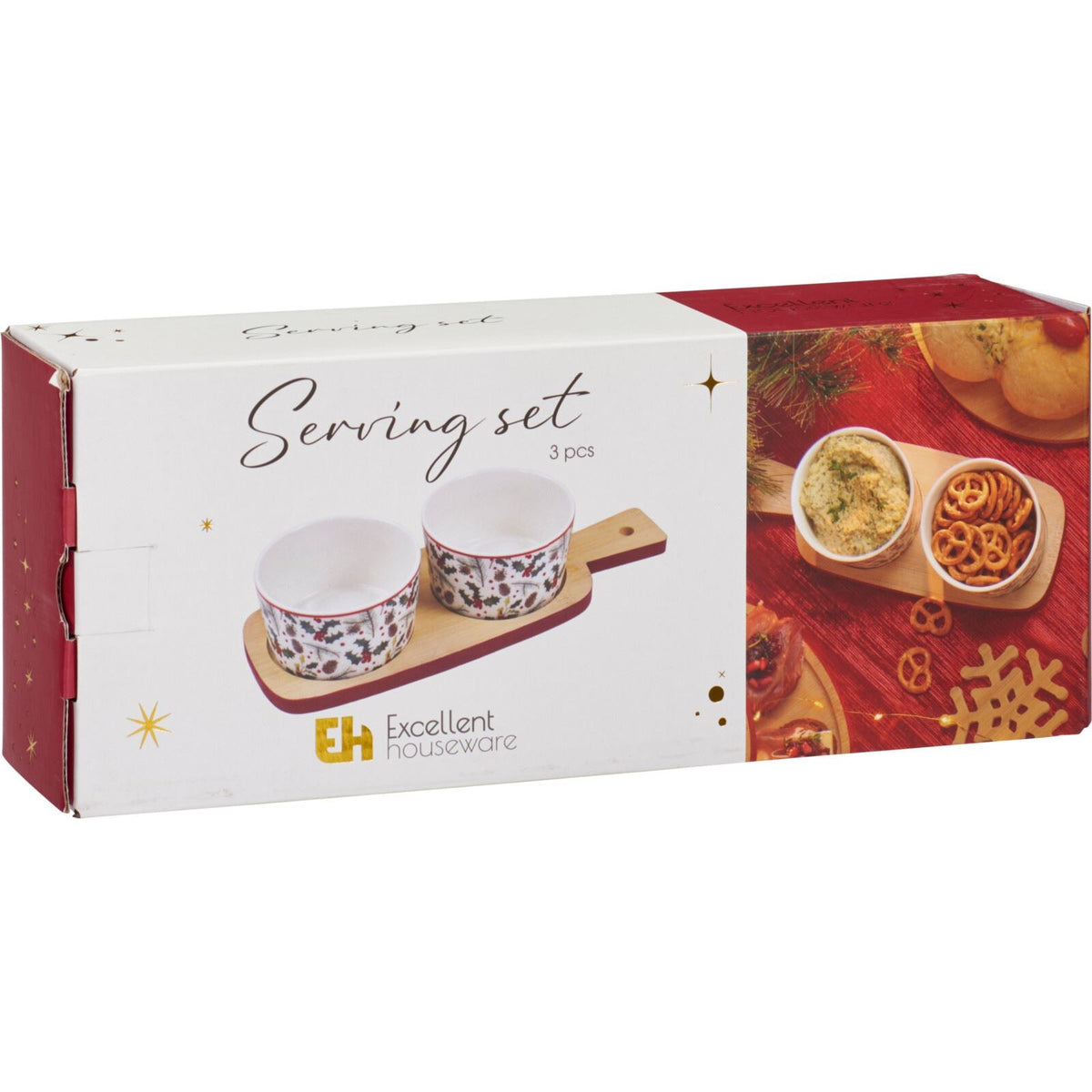 Christmas Mistletoe Serving Set | 2 Ceramic Snack Bowls with Bamboo Paddle Tray Bowl - Tophatter Daily Deals