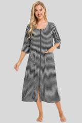 Round Neck Three-Quarter Sleeve Midi Night Dress Sleep Dresses - Tophatter Daily Deals
