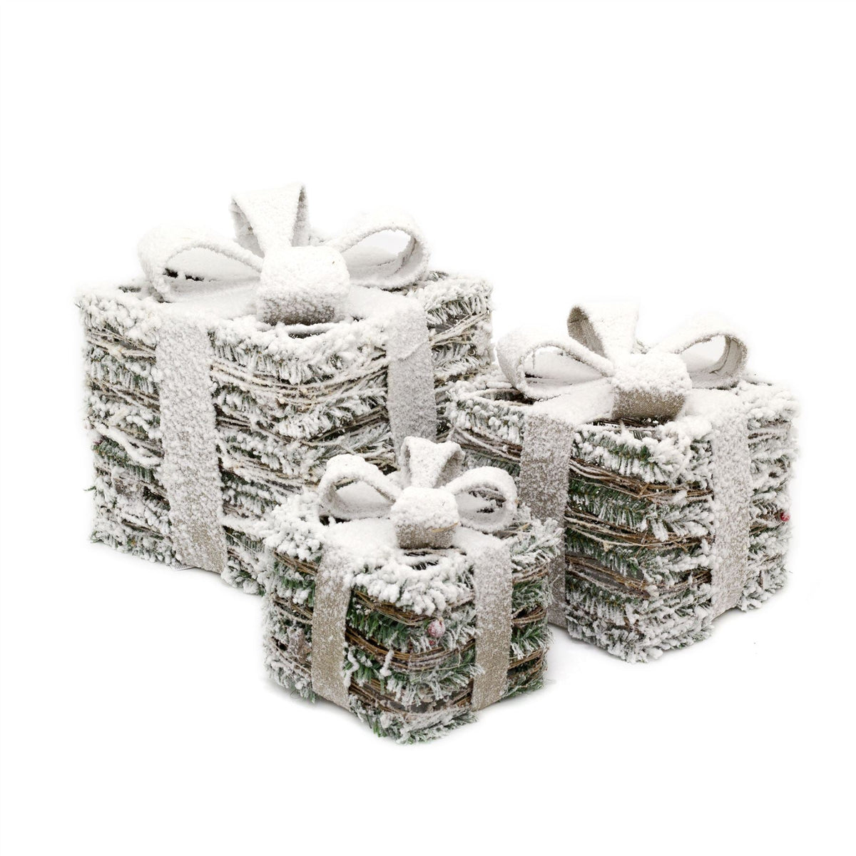 Set Of 3 LED Light Up Christmas Present Boxes | 3 Piece Rattan Snow Topped Light Up Xmas Christmas Gift Boxes | LED Christmas Parcels Christmas Decorations Ornament - Tophatter Daily Deals