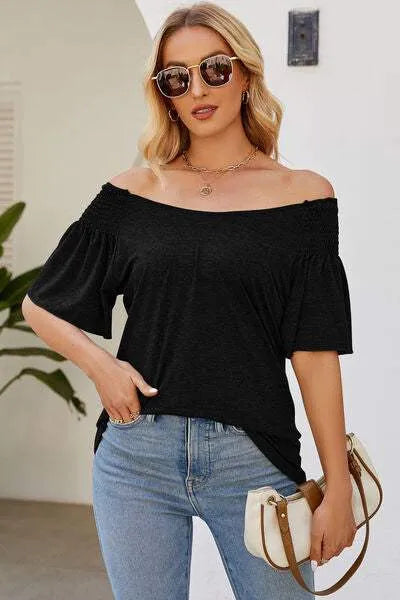 Smocked Round Neck Flutter Sleeve T-Shirt Black Women's T-Shirts - Tophatter Daily Deals