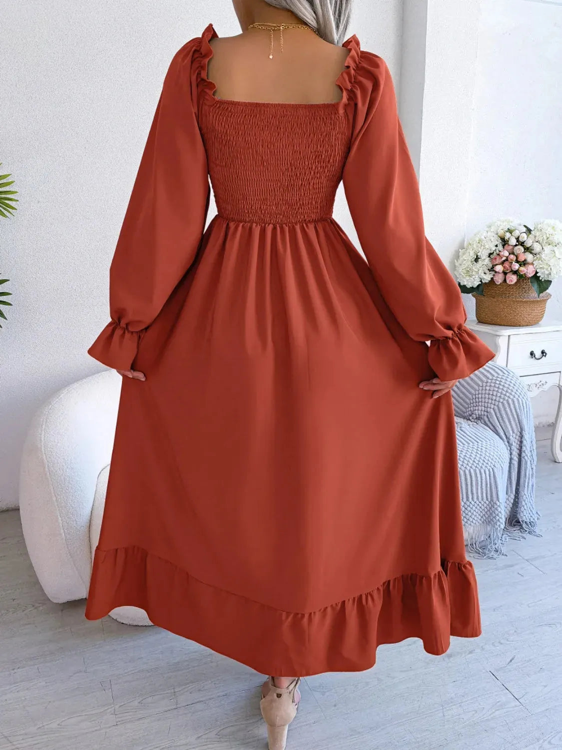 Smocked Square Neck Flounce Sleeve Dress Casual Dresses - Tophatter Daily Deals
