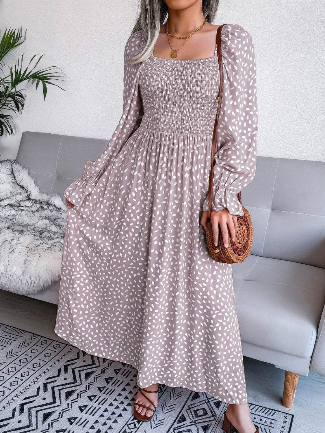 Smocked Square Neck Flounce Sleeve Dress Casual Dresses - Tophatter Daily Deals