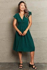 Tied Smocked Waist Flutter Sleeve Dress Green Casual Dresses - Tophatter Daily Deals