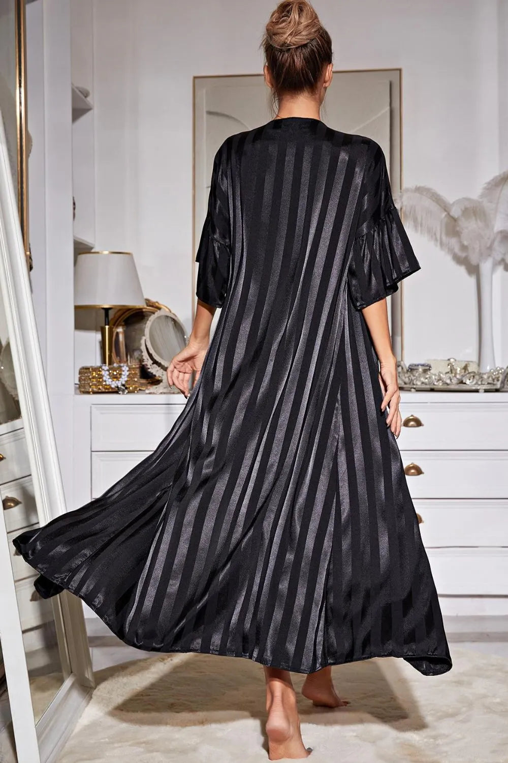 Striped Flounce Sleeve Open Front Robe and Cami Dress Set Loungewear Sets - Tophatter Daily Deals