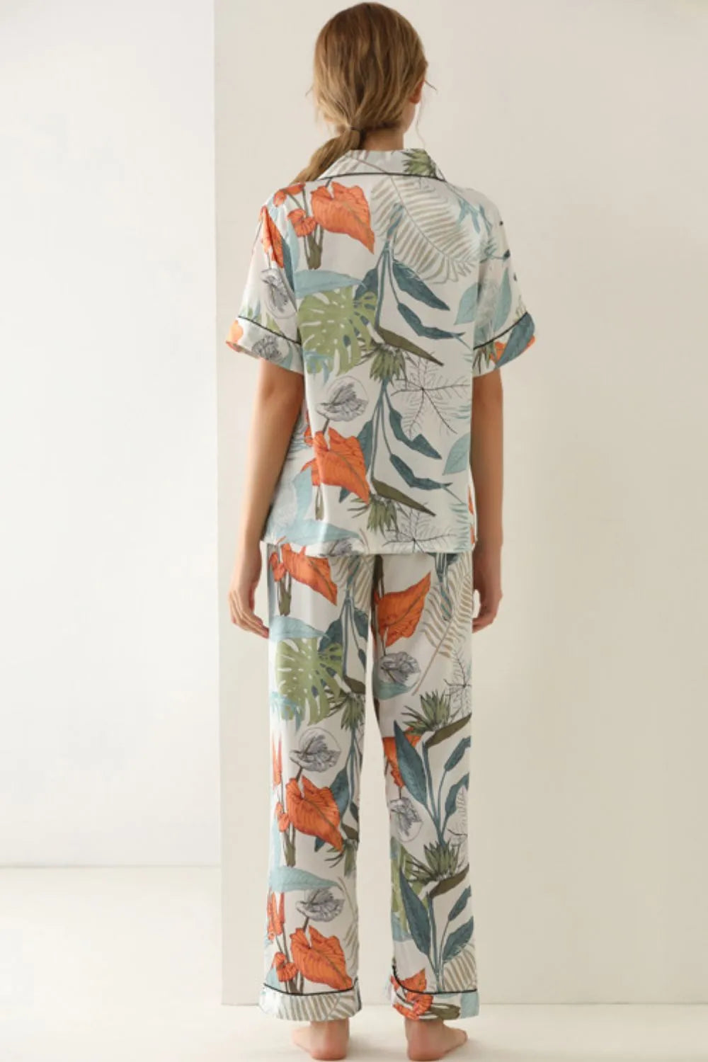 Botanical Print Button-Up Top and Pants Pajama Set Loungewear Sets - Tophatter Daily Deals