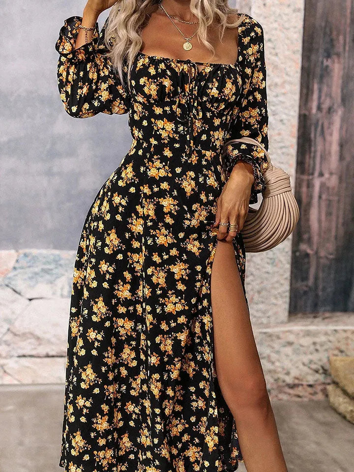 Square Neck Printed Slit Dress Black Casual Dresses - Tophatter Daily Deals