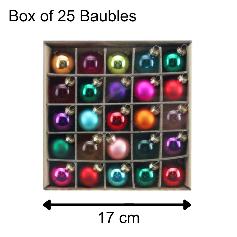 Box Of 25 Multicoloured Mini Glass Christmas Baubles Tree Decorations - 3.5cm Baubles - Tophatter Daily Deals