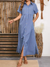 Slit Collared Neck Short Sleeve Midi Dress Dusty Blue Casual Dresses - Tophatter Daily Deals