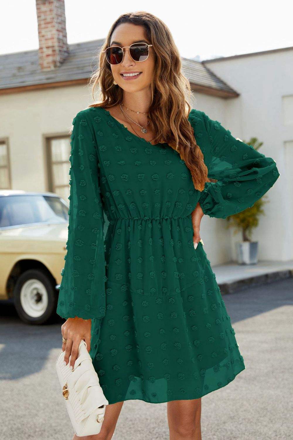 Swiss Dot V-Neck Lantern Sleeve Mini Dress Green Casual Dresses - Tophatter Daily Deals