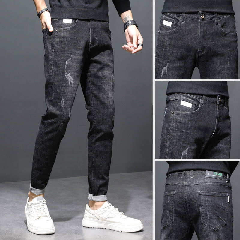 Autumn Men's Jeans Slim Feet Black grey1909 0 - Tophatter Daily Deals