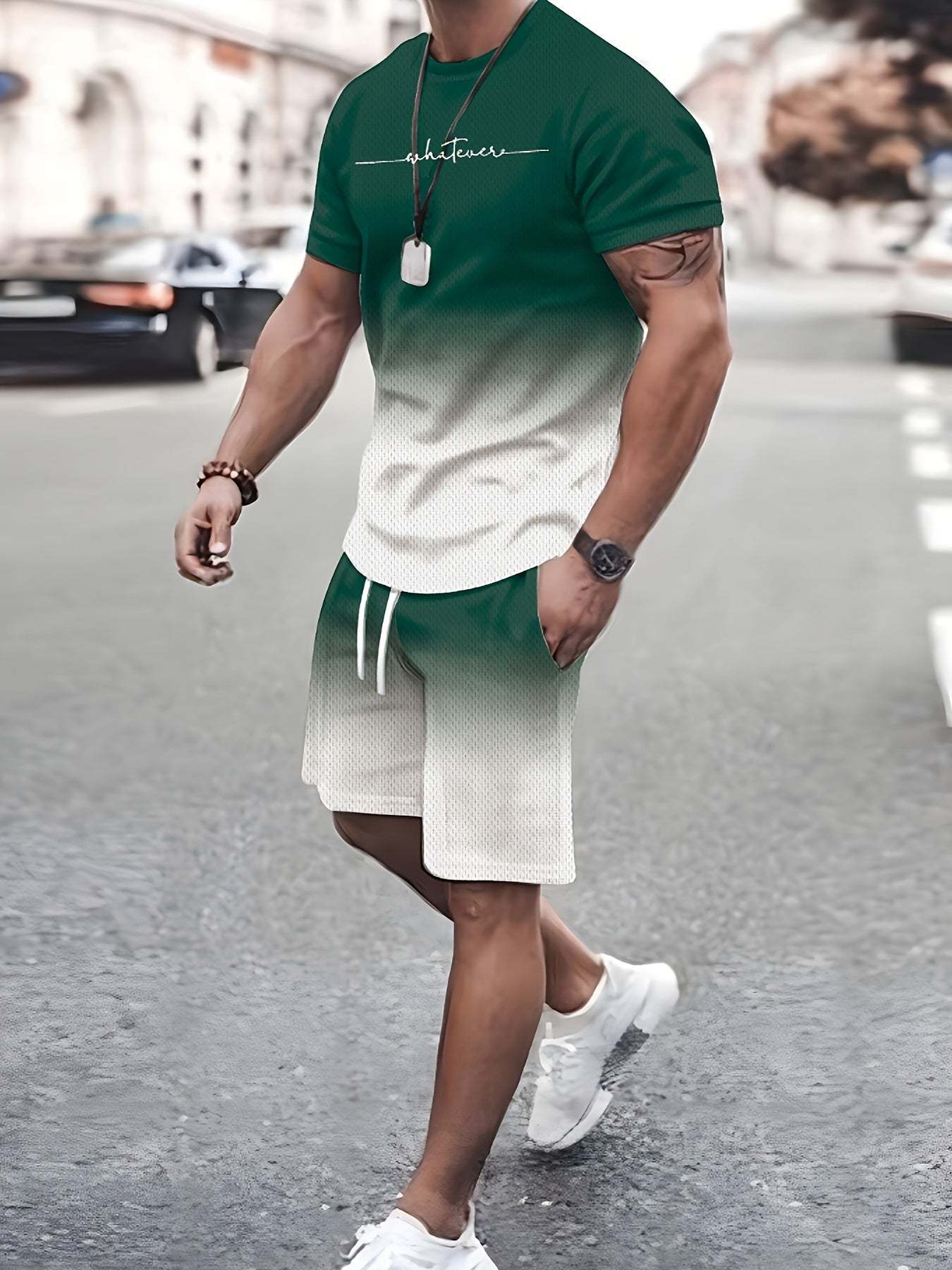 3D Digital New Print Summer Short Sleeve Shorts Leisure Sports Suit Green 0 - Tophatter Daily Deals
