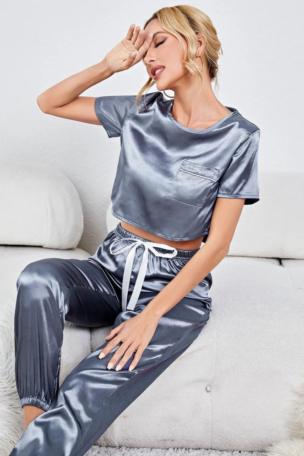 Satin Short Sleeve Crop Top and Joggers Lounge Set Loungewear Sets - Tophatter Daily Deals