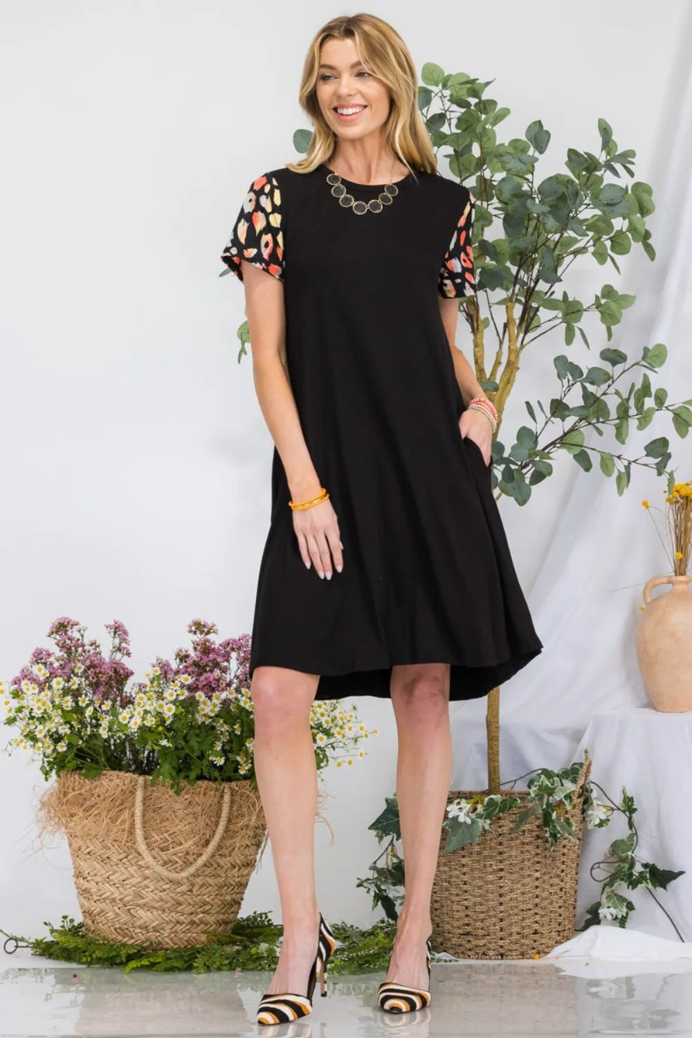 Celeste Full Size Leopard Short Sleeve Dress with Pockets Black Casual Dresses - Tophatter Daily Deals