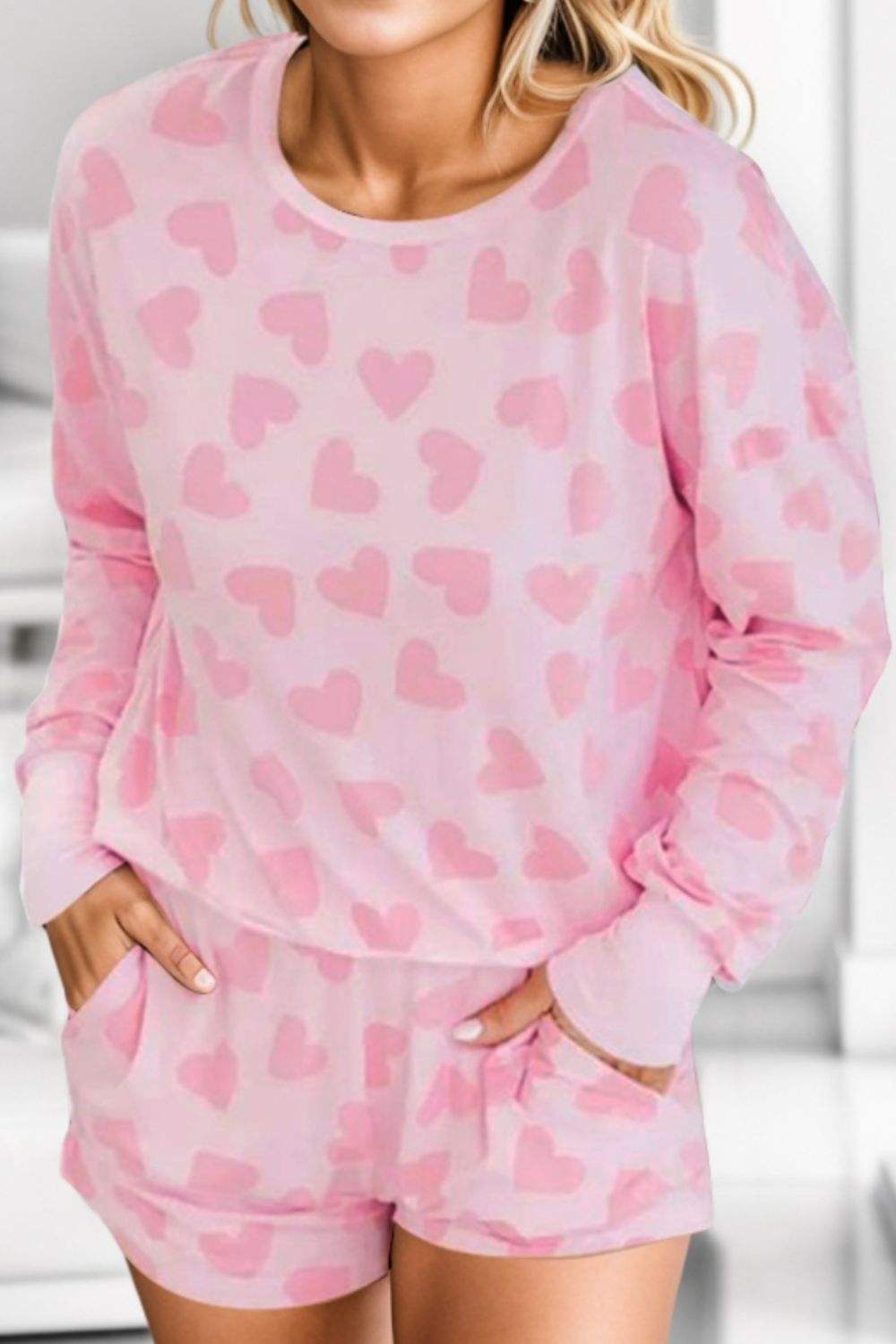 Heart Print Round Neck Top and Shorts Lounge Set Blush Pink Loungewear Sets - Tophatter Daily Deals