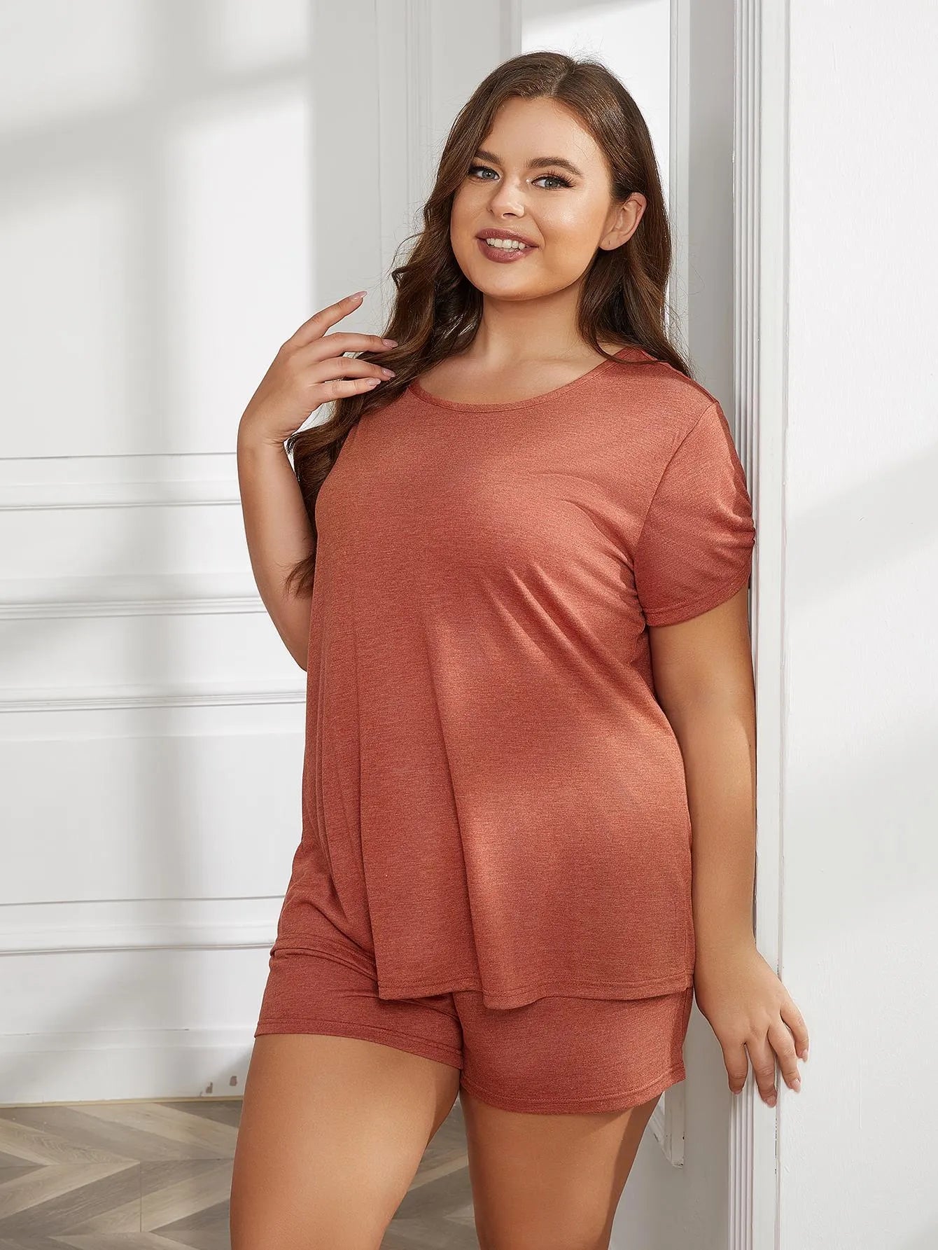 Plus Size Round Neck Short Sleeve Two-Piece Loungewear Set Loungewear Sets - Tophatter Daily Deals