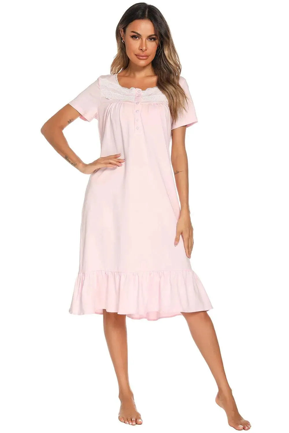 Lace Detail Square Neck Lounge Dress Sleep Dresses - Tophatter Daily Deals