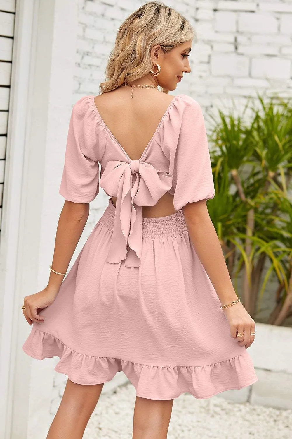 Ruched Ruffle Hem Short Sleeve Dress Blush Pink Casual Dresses - Tophatter Daily Deals