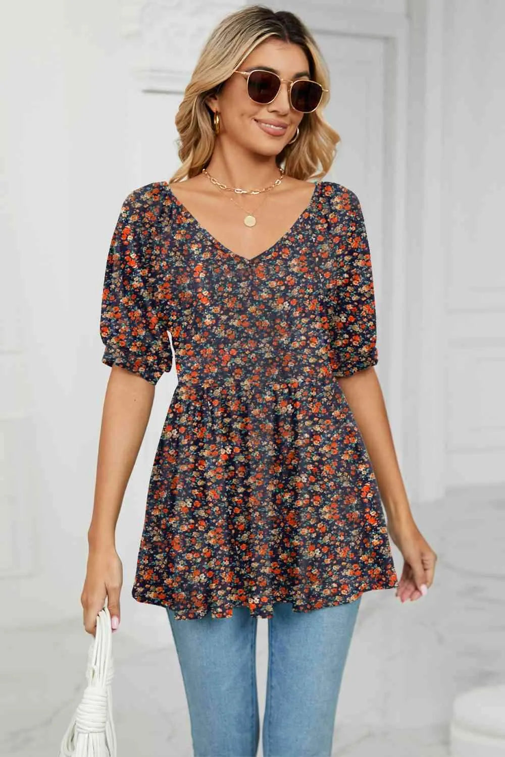 V-Neck Babydoll Blouse Multicolor Blouses - Tophatter Daily Deals