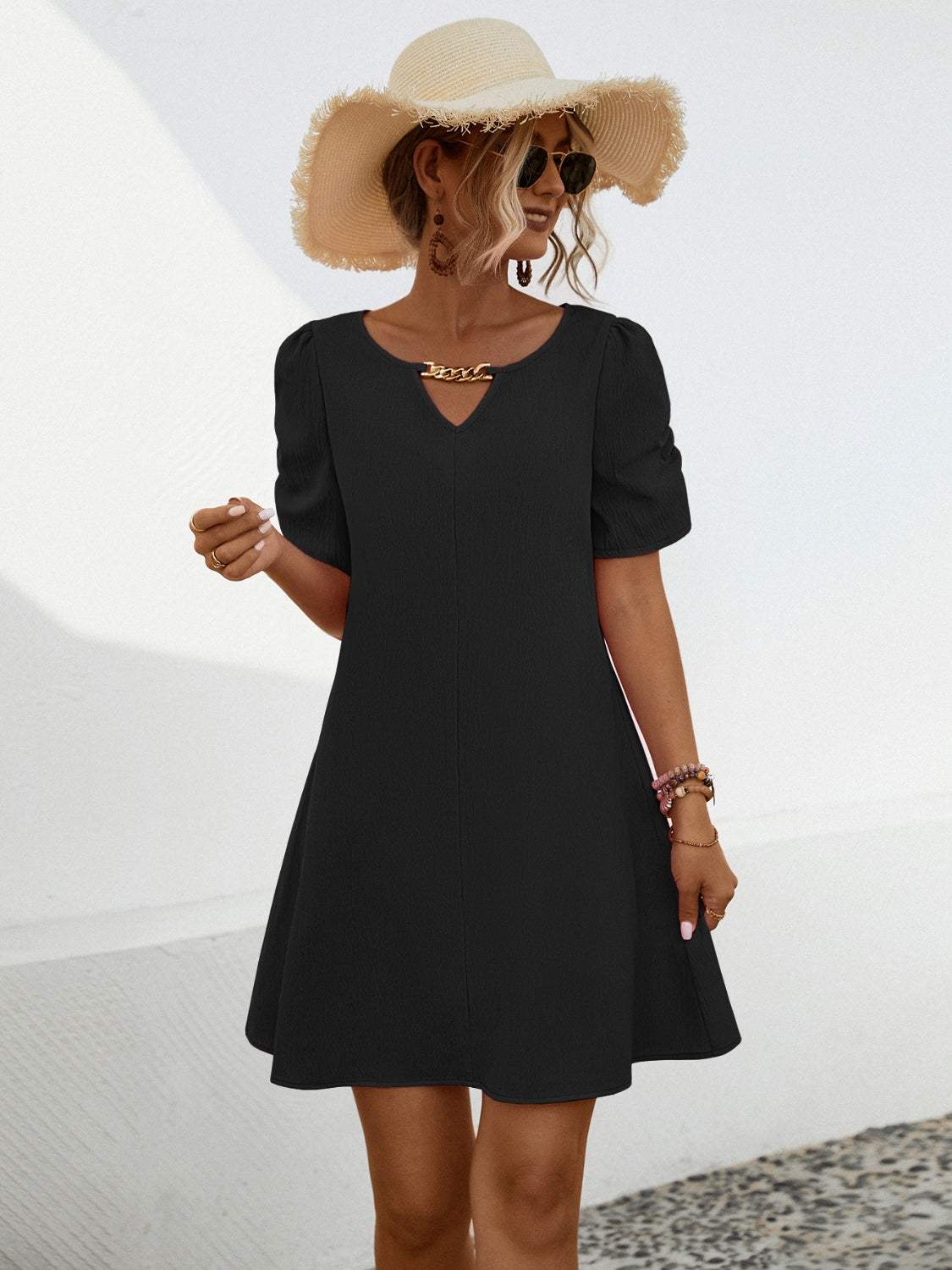 Chain Notched Short Sleeve Dress Black Casual Dresses - Tophatter Daily Deals