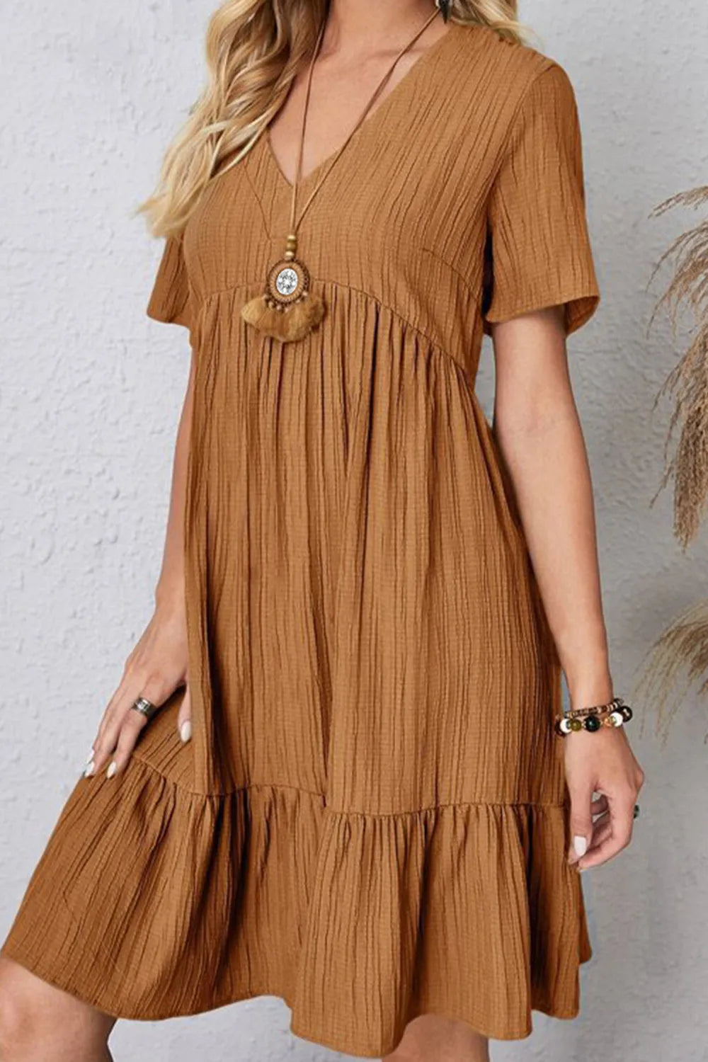 Full Size Ruched V-Neck Short Sleeve Dress Caramel Casual Dresses - Tophatter Daily Deals