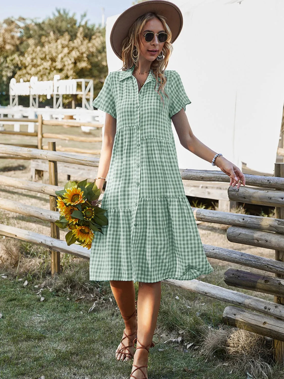 Button Up Plaid Short Sleeve Midi Dress Casual Dresses - Tophatter Daily Deals