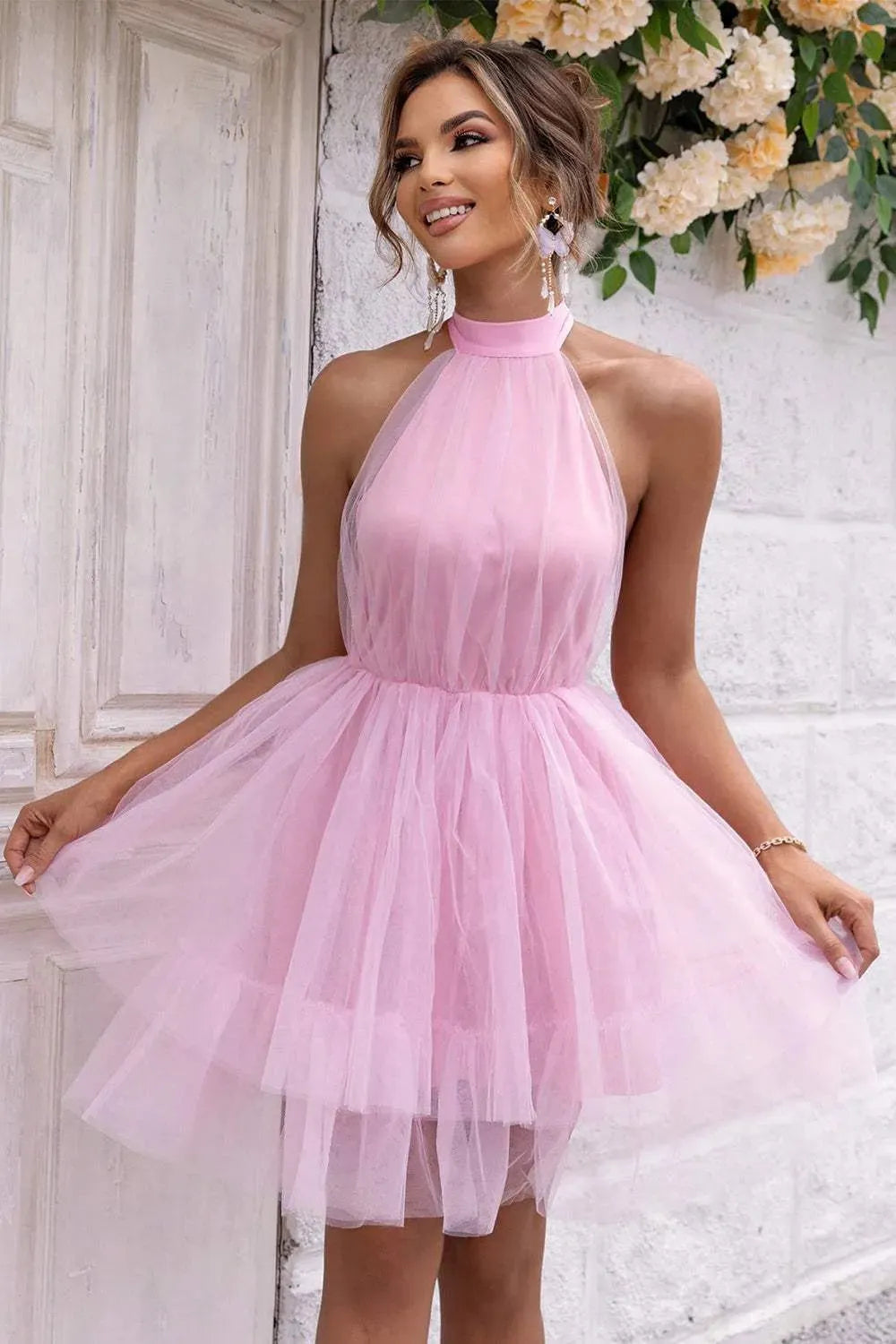 Halter Neck Backless Mesh Dress Cocktail Dresses - Tophatter Daily Deals