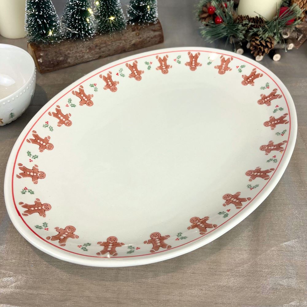 Gingerbread Ceramic Oval Plate | Festive Serving Platter for Christmas - 34cm Plate - Tophatter Daily Deals
