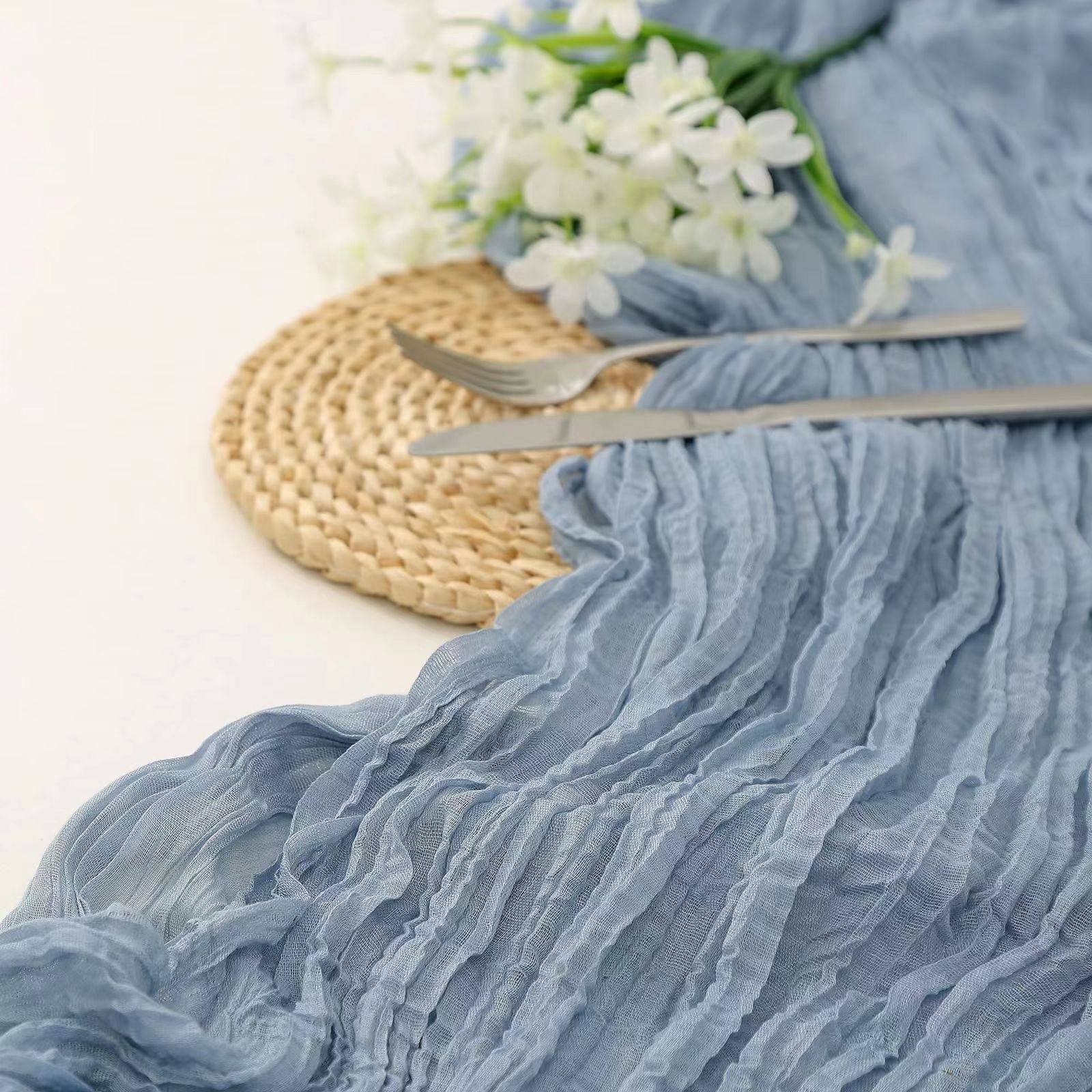 Balinese Crinkle Table Flag Boho Twist Tablecloth New grey blue 0 - Tophatter Daily Deals